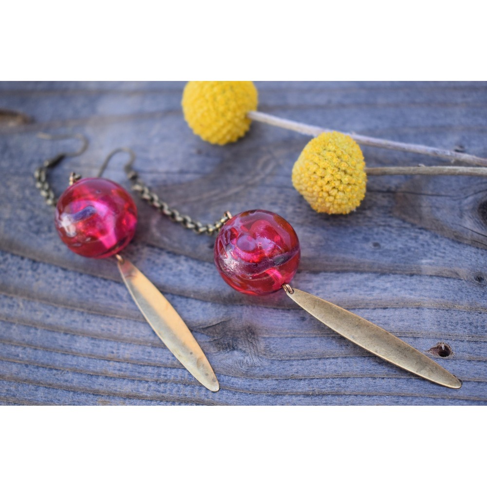 Marbled red vintage beads and brass shoulder duster statement earrings, handmade